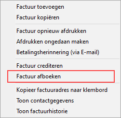 FacturenUIT - menu factuur Afboeken