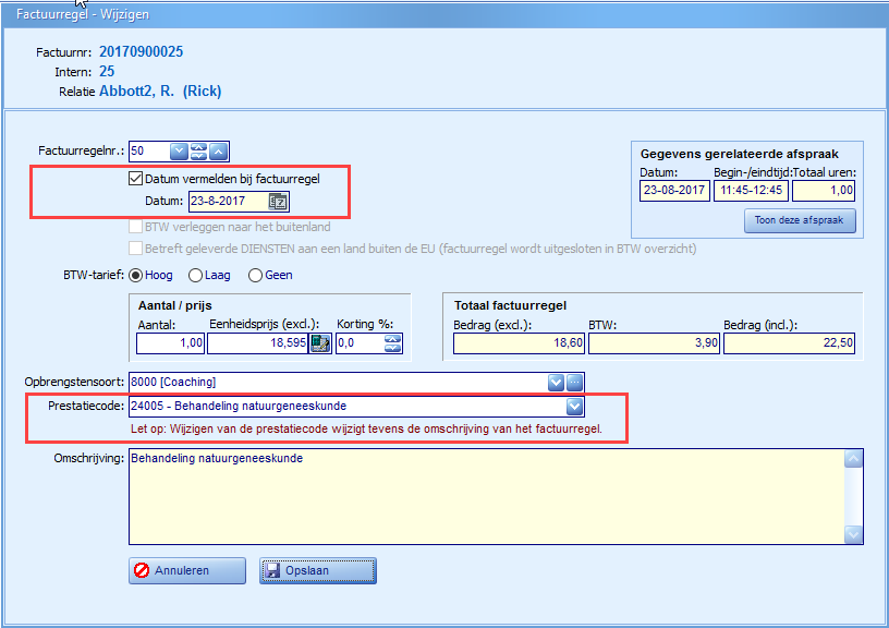 Factuurregel - Prestatiecode