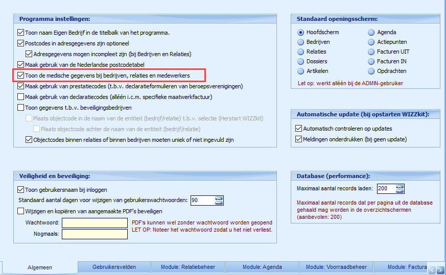 Instellingen - tabblad Programma-instellingen Medisch