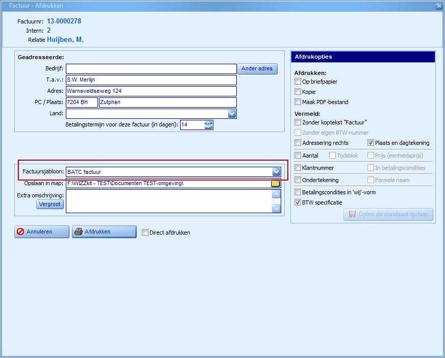 Factuursjabloon Zorg selecteren in afdrukscherm