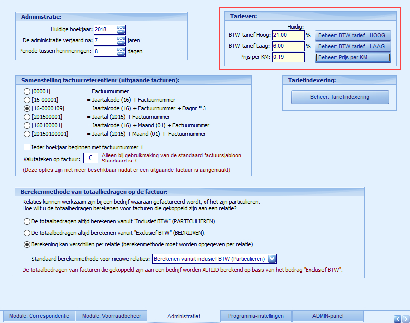 Instellingen - Module Facturatie - Administratief - Tarieven