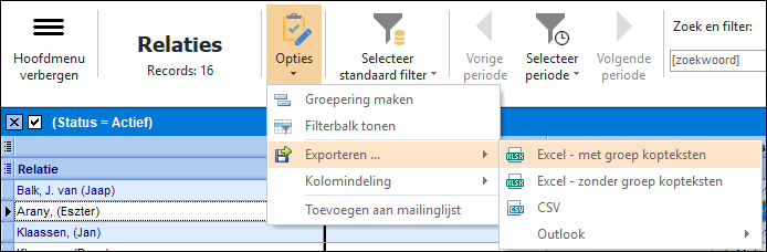 Exporteren - via menukeuze Opties
