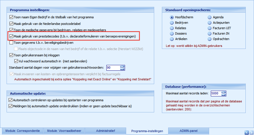 Declaratieformulier zorg - Instellingen - Prestatiecodes