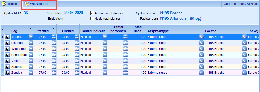Weekplanning - toevoegen per opdracht menu