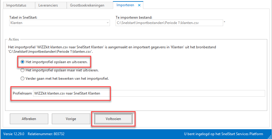 Snelstart - Importprofiel klanten - Opslaan