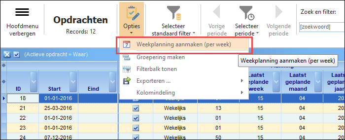 Opdrachten - weekplanning per week