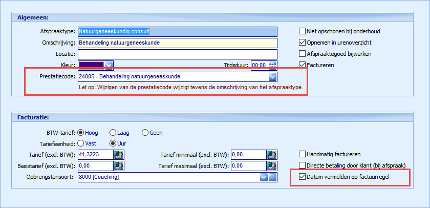 Afspraaktypes - Prestatiecode