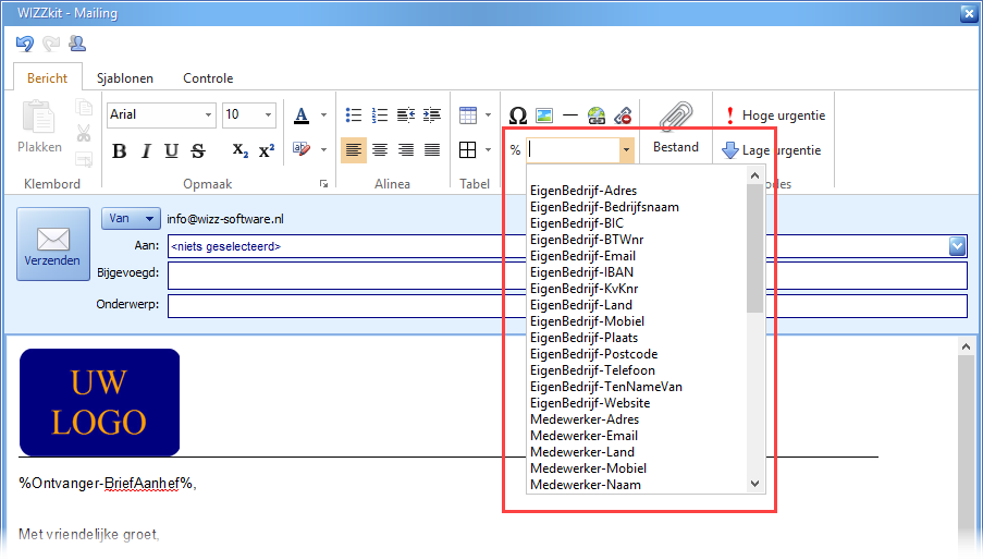 Mailing per E-mail - Samenvoegvelden