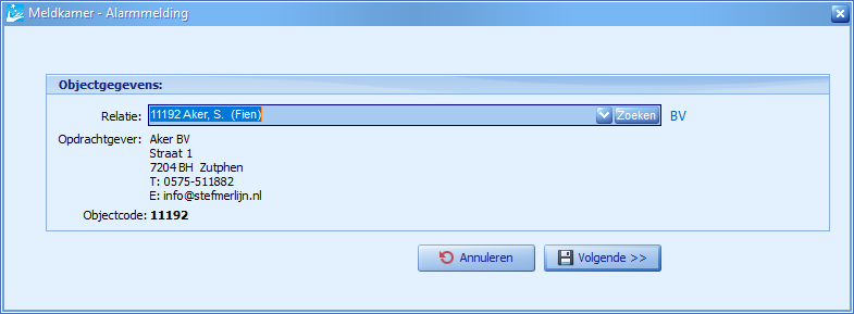 Meldkamer - Afspraak - Selecteren relatie - Alarm