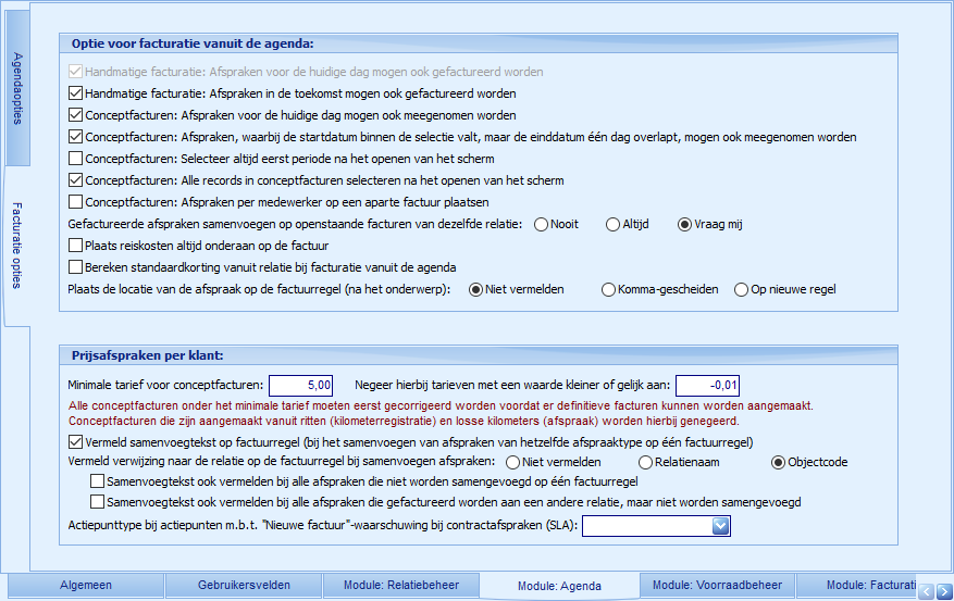 Instellingen - Module Agenda - Facturatie opties