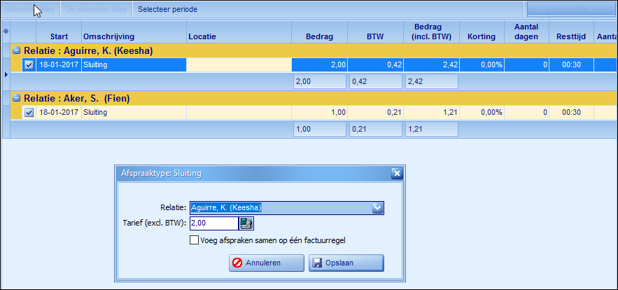 Instellingen - Module Agenda - Facturatie opties - Tariefcontrole3