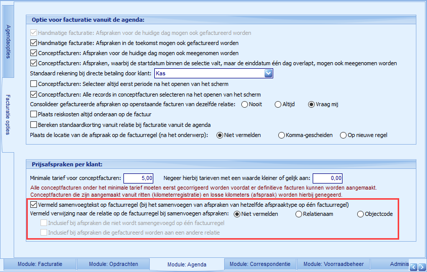 Instellingen - Module Agenda - Facturatie opties - Samenvoegtekst