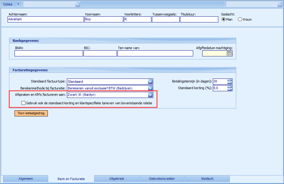 Relaties - details tabblad Bankgegevens - Factuur aan andere relatie