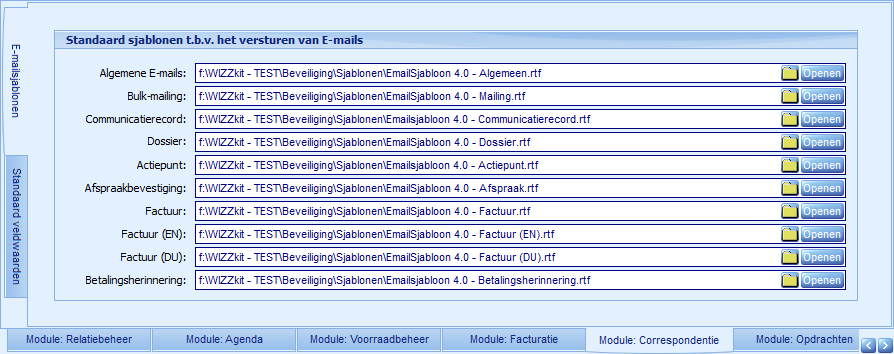 Instellingen - Module Correspondentie - E-mailsjablonen