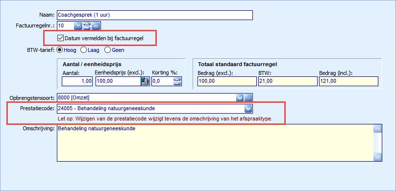 Standaard factuurregel - Prestatiecode