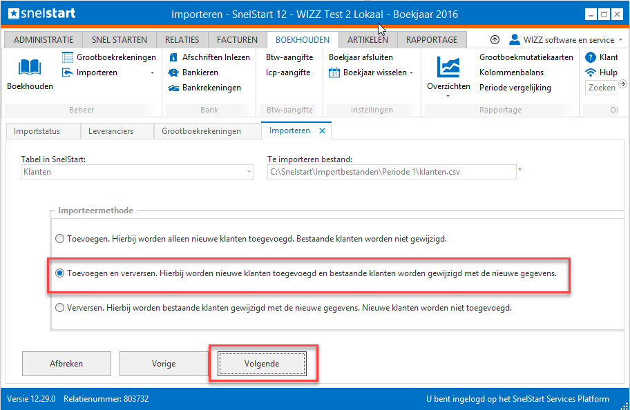 Snelstart - Importprofiel klanten - Importeren opties
