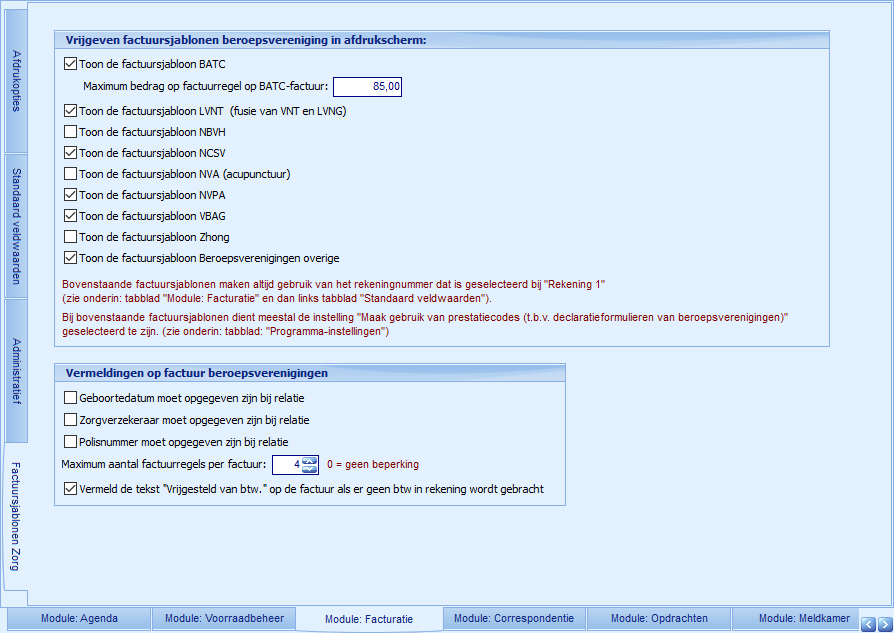 Instellingen - Module Facturatie - Factuursjablonen Zorg