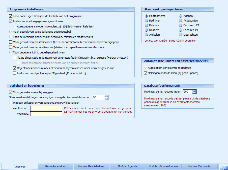 Instellingen - tabblad Programma-instellingen
