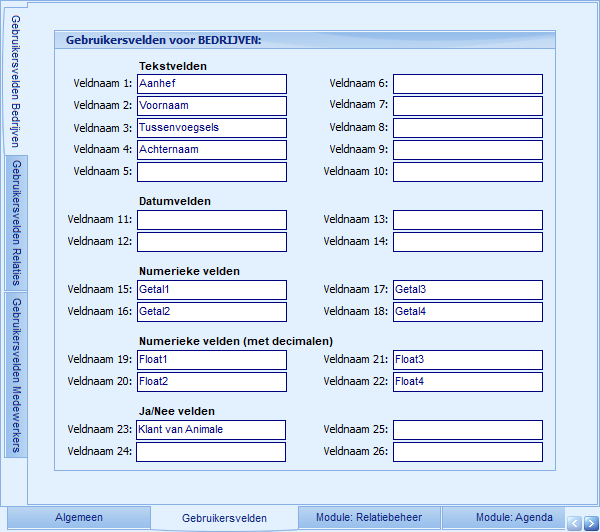 Instellingen - Gebruikersvelden