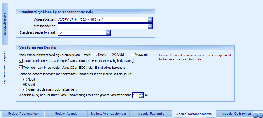 Instellingen - Module Correspondentie - Standaard veldwaarden
