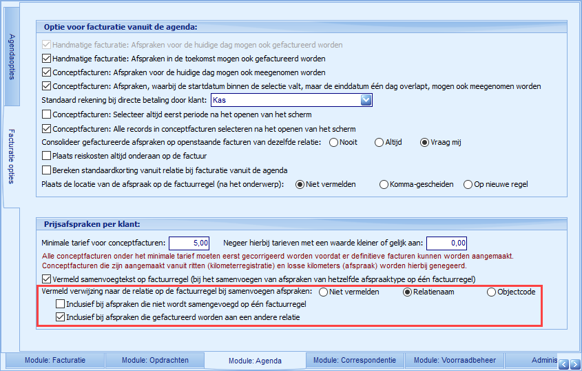 Instellingen - Module Agenda - Facturatie opties - Samenvoegen Relatieverwijzing