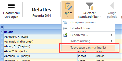 Mailinglijst - Aanmaken vanuit relatieoverzicht 1