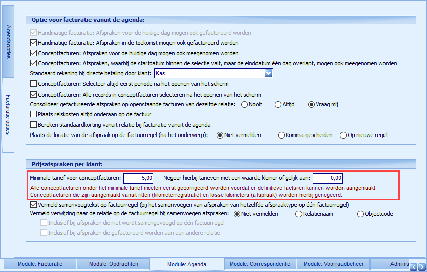 Instellingen - Module Agenda - Facturatie opties - Tariefcontrole