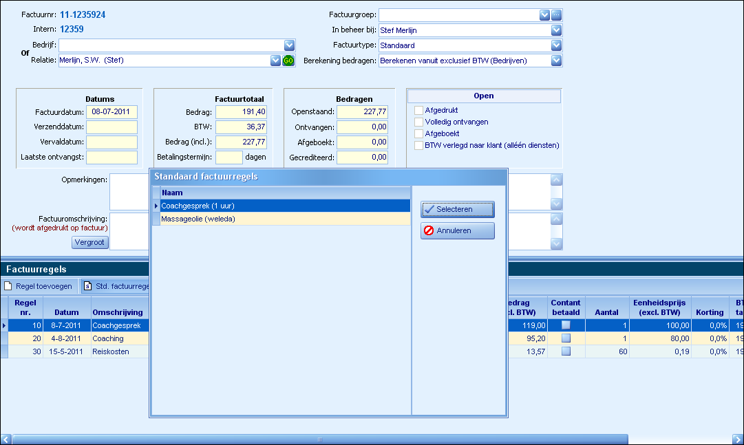 Standaard factuurregels - selecteren
