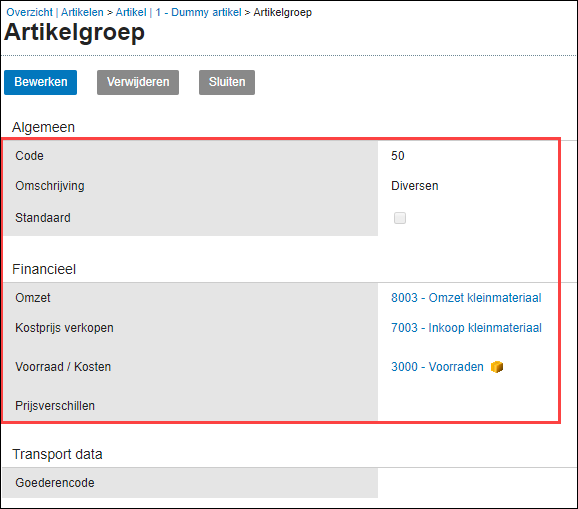 Exact - Stamgegevens Dummy Artikelgroep