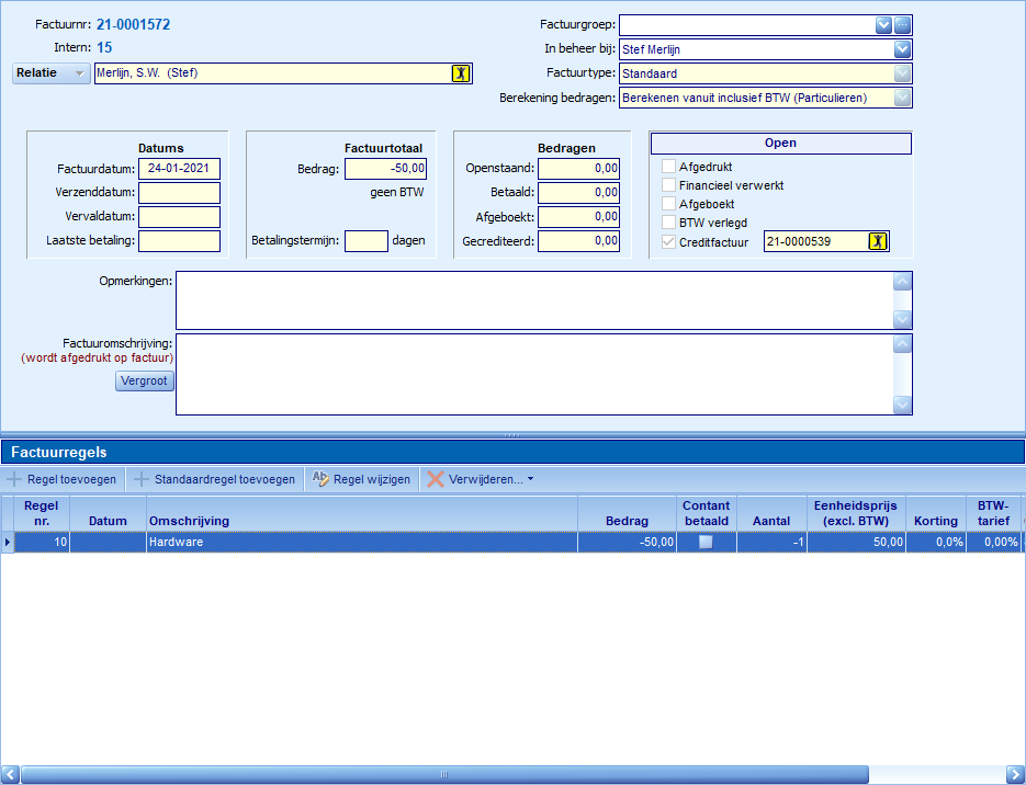 FacturenUIT - details creditfactuur wijzigen