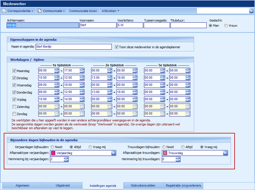 Medewerker - tabblad Instellingen Agenda